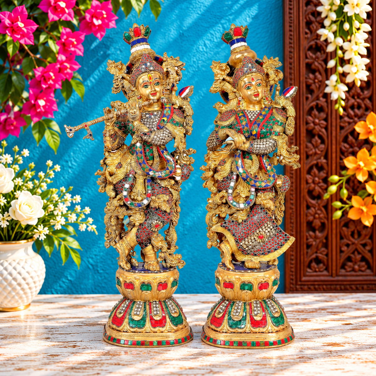 Brassaura® Radha Krishna Standing Idol Set with Gold and Multi-Color Finish | Handcrafted Murti | Brass Statue | Height 29 Inches | Weight 30 Kgs