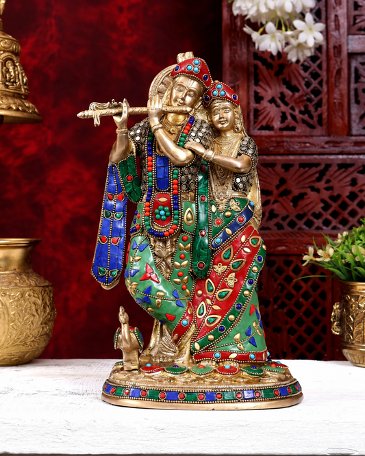 Brassaura® Radha Krishna Standing Idol with Multi-Color Meenakari Finish | Pure Superfine Brass Handcrafted Murti | Brass Statue for Home Temple, Pooja Room | Height 12 Inches | Weight 4 Kgs