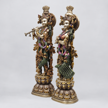 Brassaura® Radha Krishna Standing Idol Pair with Multi-Color Finish | Pure Superfine Brass Handcrafted Murti | Brass Statue for Home Temple, Pooja Room | Height 29.5 Inches | Weight 39.94 Kgs