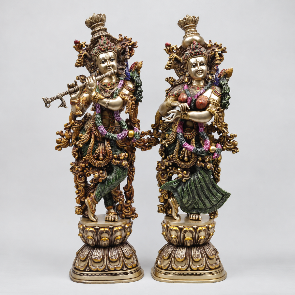 Brassaura® Radha Krishna Standing Idol Pair with Multi-Color Finish | Pure Superfine Brass Handcrafted Murti | Brass Statue for Home Temple, Pooja Room | Height 29.5 Inches | Weight 39.94 Kgs