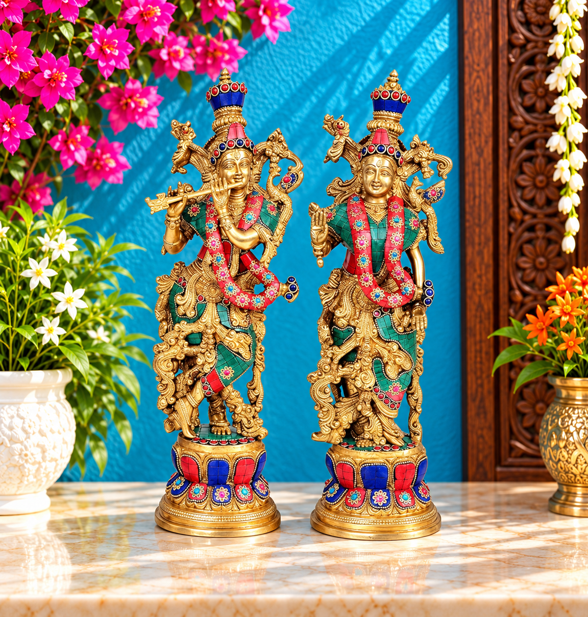 ब्रासोरा® वृंदावन वेणुगोपाल कृष्ण पीतल की प्रतिमा मोर के साथ | एंटीक नीला और सुनहरा रंग | ऊँचाई 20 इंच