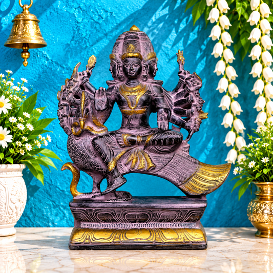 Brassaura® Lord Kartikeya Brass Statue with Antique Finish | Divine Commander of the Gods | Height 16 Inches & Weight 13.3 Kgs