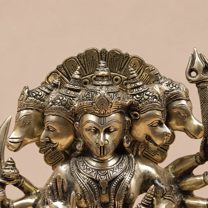 Brassaura® Panchmukhi Hanuman Seated Idol with Antique Brass Finish | Pure Superfine Brass Handcrafted Murti | Brass Statue for Home Temple, Pooja Room | Height 11 Inches | Weight 5.98 Kgs