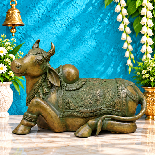 Brassaura® Nandi Bull Reclining Idol with Green Algae Finish | Pure Superfine Brass Handcrafted Murti | Brass Statue for Home Temple, Pooja Room | Height 14 Inches | Weight 18.2 Kgs
