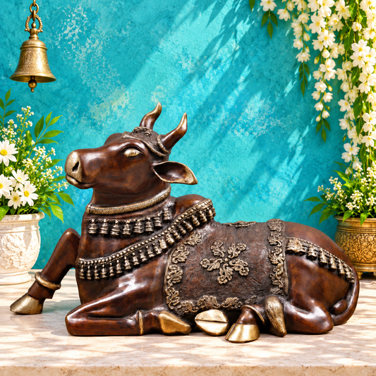 Brassaura® Nandi Reclining Idol with Antique Finish | Pure Superfine Brass Handcrafted Murti | Brass Statue for Home Temple, Pooja Room | Height 21 Inches | Weight 28.24 Kgs