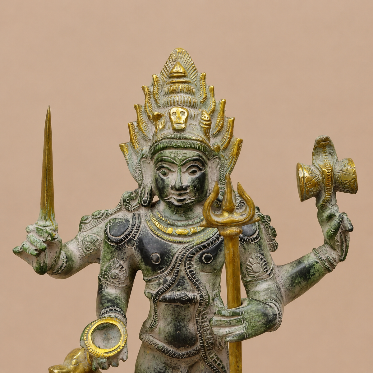 Brassaura® Lord Bhairava Standing Idol with Green & Golden Patina Finish | Pure Superfine Brass Handcrafted Murti | Brass Statue for Home Temple, Pooja Room | Height 17.5 Inches | Weight 8.32 Kgs
