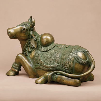 Brassaura® Nandi Bull Reclining Idol with Green Algae Finish | Pure Superfine Brass Handcrafted Murti | Brass Statue for Home Temple, Pooja Room | Height 14 Inches | Weight 18.2 Kgs