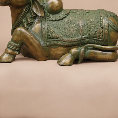 Brassaura® Nandi Bull Reclining Idol with Green Algae Finish | Pure Superfine Brass Handcrafted Murti | Brass Statue for Home Temple, Pooja Room | Height 14 Inches | Weight 18.2 Kgs
