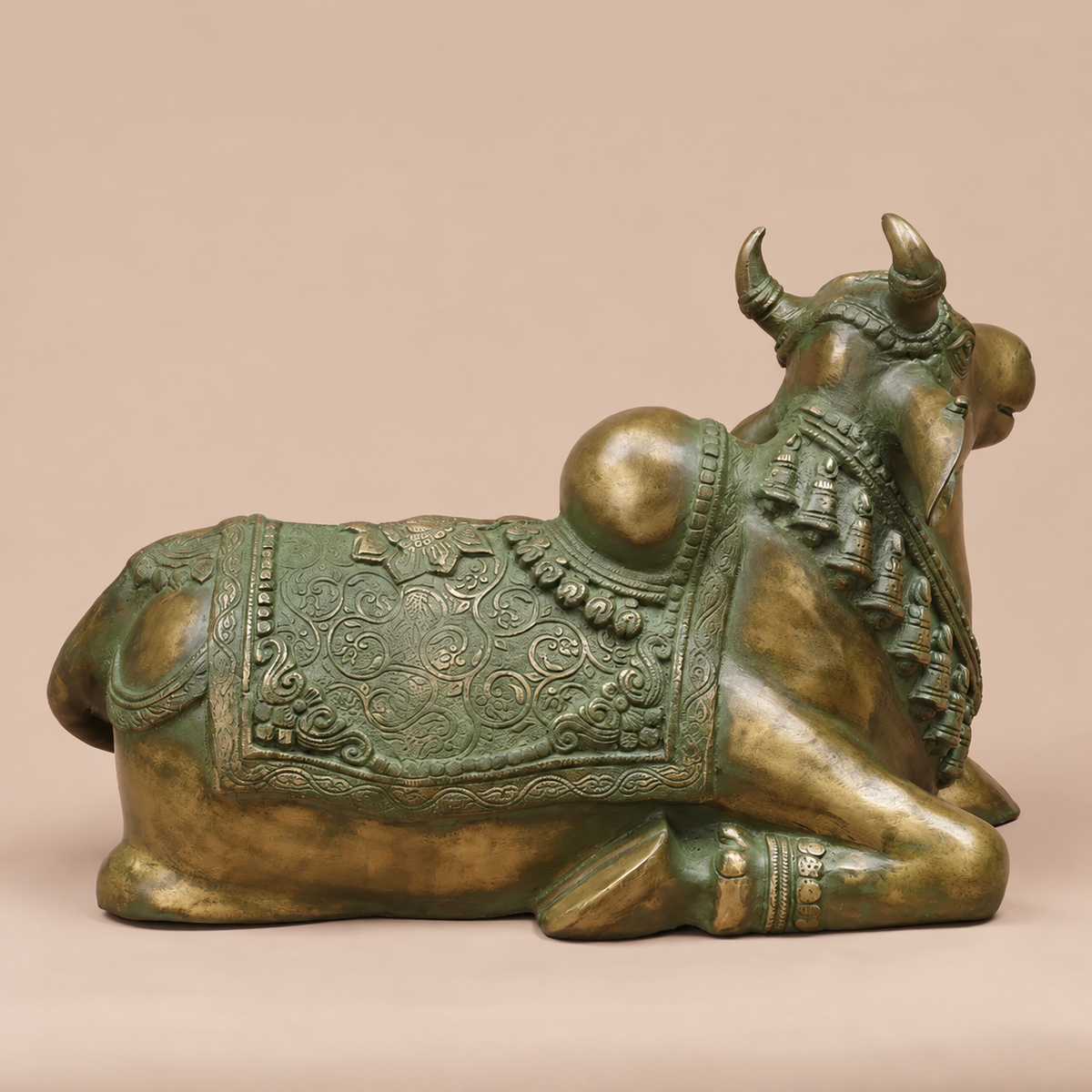 Brassaura® Nandi Bull Reclining Idol with Green Algae Finish | Pure Superfine Brass Handcrafted Murti | Brass Statue for Home Temple, Pooja Room | Height 14 Inches | Weight 18.2 Kgs