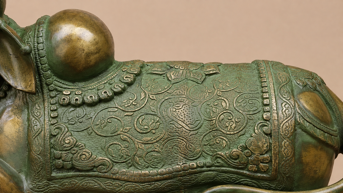 Brassaura® Nandi Bull Reclining Idol with Green Algae Finish | Pure Superfine Brass Handcrafted Murti | Brass Statue for Home Temple, Pooja Room | Height 14 Inches | Weight 18.2 Kgs