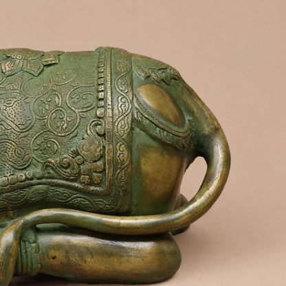 Brassaura® Nandi Bull Reclining Idol with Green Algae Finish | Pure Superfine Brass Handcrafted Murti | Brass Statue for Home Temple, Pooja Room | Height 14 Inches | Weight 18.2 Kgs