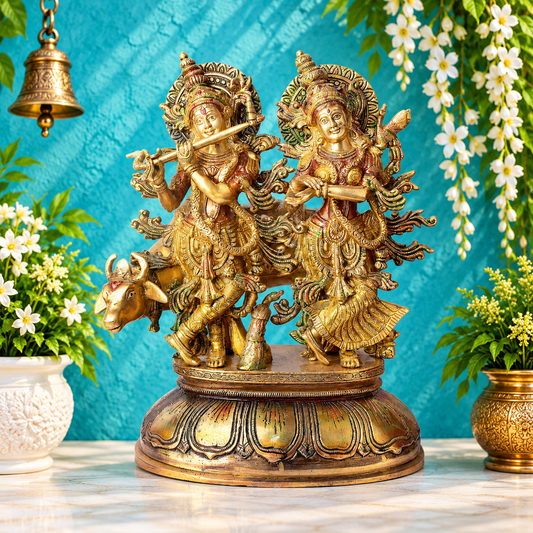 Brassaura® Radha Krishna Playing Flute Idol with Gold and Antique Copper Finish | Handcrafted Murti | Brass Statue | Height 16.5 Inches | Weight 14.5 Kgs