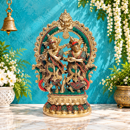 Brassaura® Radha Krishna with Stonework Arch | Intricate Brass Sculpture | Height 16 Inches & Weight 8.40 Kgs
