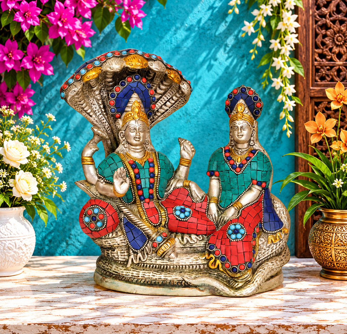 Brassaura® Brass Lakshmi & Vishnu Statue | Height 9 Inches & Weight 4.10 kg