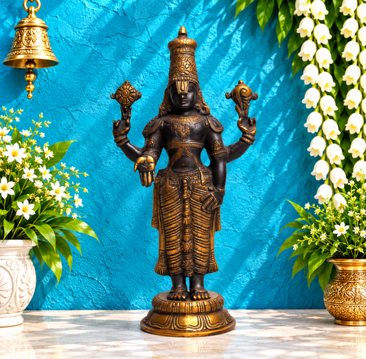 Brassaura® Lord Balaji Brass Statue | Black & Gold Finish Handcrafted Sculpture | Height 17.7 Inches & Weight 6.7 Kgs