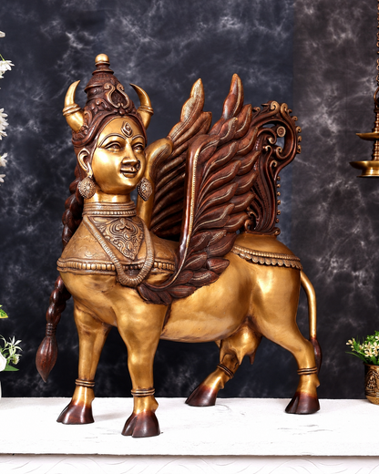 Brassaura® Standing Kamadhenu Cow Goddess Sculpture with Ornate Wings | Pure Superfine Brass Handcrafted Murti | Brass Statue for Home Temple, Pooja Room | Height 30 Inches | Weight 56 Kgs