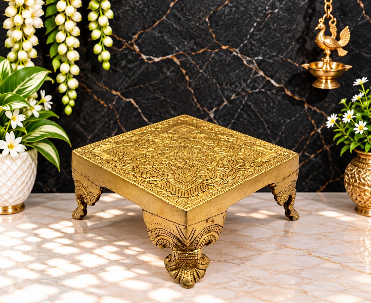 Brassaura® Brass Pooja Chowki  – Height 2.4 Inches & Weight 1.1 Kgs | Home Temple & Spiritual Décor