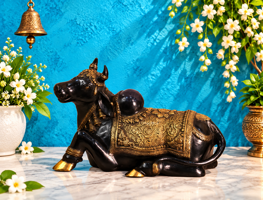 Brassaura® Black & Antique Gold Nandi Brass Statue | Sacred Vehicle of Lord Shiva | Height 14 Inches & Weight 17.5 Kgs
