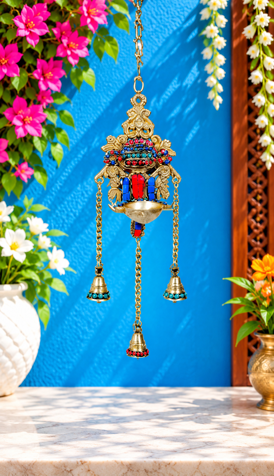 Brassaura® Brass Hanging Diya with Gemstone Inlay Finish | Pure Superfine Brass Handcrafted Murti | Brass Statue for Home Temple, Pooja Room | Height 15.7 Inches | Weight 0.85 Kgs
