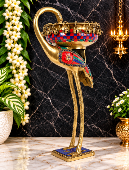 Brassaura® Flamingo Brass Urli with Multicolor Inlay Work & Hanging Bells | Pure Brass | Height 17 Inches & Weight 2.91 kgs