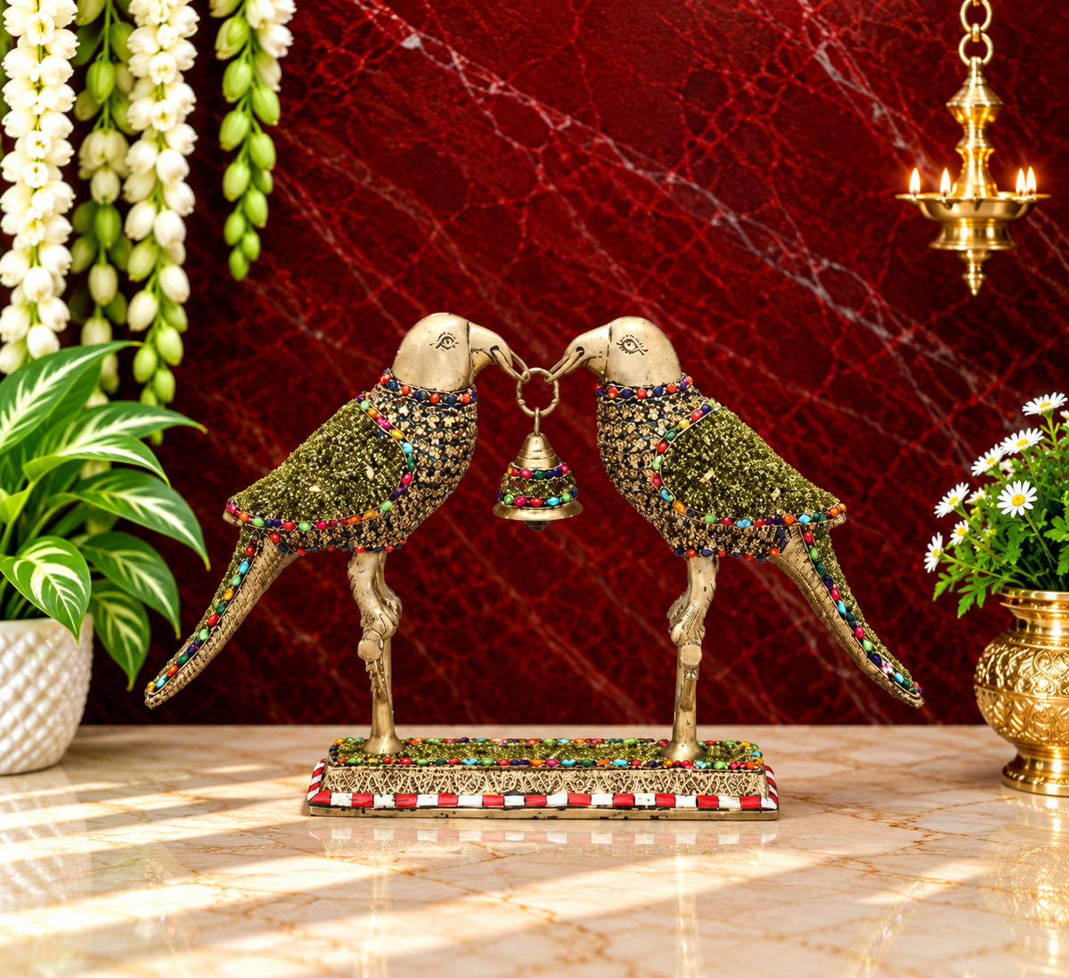 Brassaura® Brass Decorative Twin Parrots with Bell | Pure Brass with Stone Inlay Work | Height 6.5 Inches & Weight 3.04 kgs