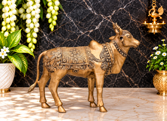 Brassaura® Sacred Nandi Brass Statue with Intricate Ornamentation | Divine Vehicle of Lord Shiva | Height 27 Inches & Weight 33.46 Kgs