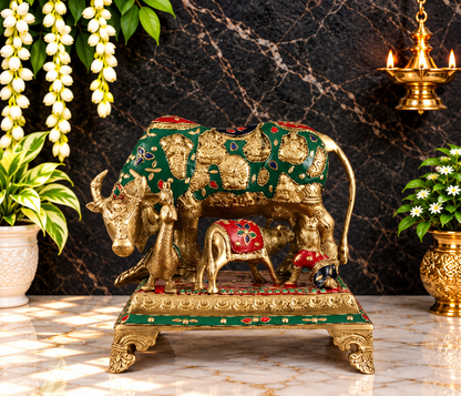 Brassaura® Brass Gem Stone Work Kamdhenu Cow & Calf Idol – Height 7 Inches & Weight 7.8 Kgs | Artistic Spiritual Accent