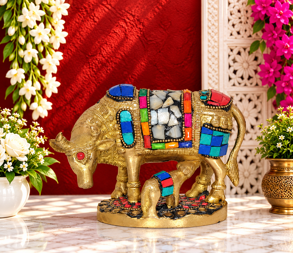 ब्रासोरा® वृंदावन वेणुगोपाल कृष्ण पीतल की प्रतिमा मोर के साथ | एंटीक नीला और सुनहरा रंग | ऊँचाई 20 इंच
