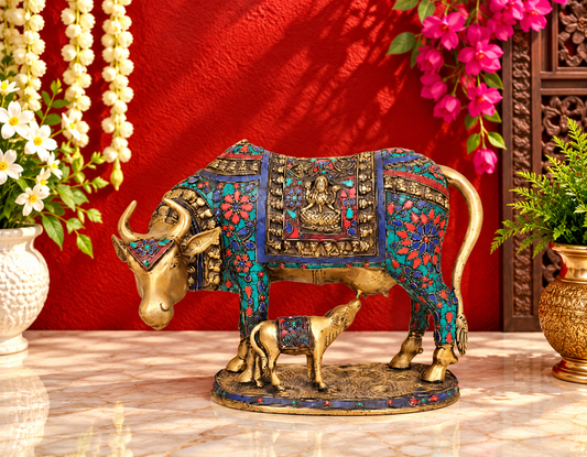 Brassaura® Kamdhenu Cow with Calf and Multicolor Inlay | Brass Sculpture | Height 11 Inches & Weight 8 kgs