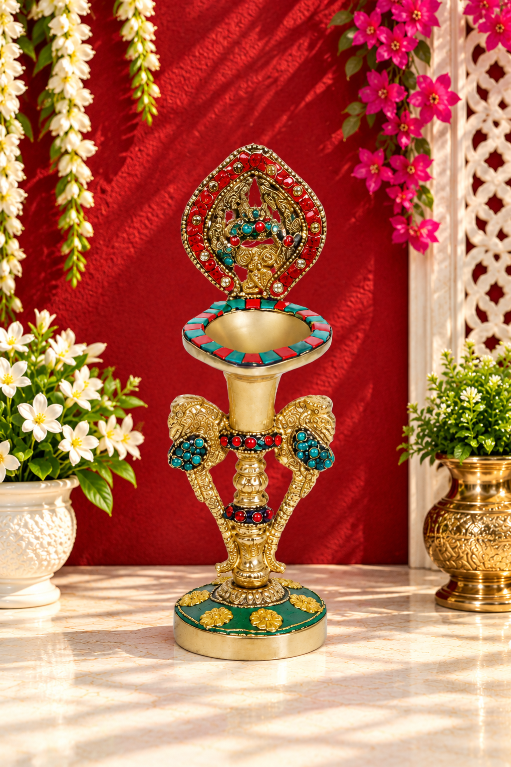 Brassaura® Brass Gemstone Work Diya with Gemstone Inlay Finish | Pure Superfine Brass Handcrafted Murti | Brass Statue for Home Temple, Pooja Room | Height 10.6 Inches | Weight 1 Kgs