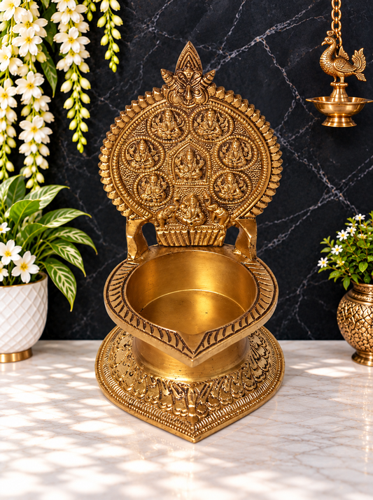 Brassaura® Ashtalakshmi Brass Diya (Lamp) | Pure Superfine Brass Handcrafted Murti | Brass Statue for Home Temple, Pooja Room | Height 6.69 Inches | Weight 0.9 Kgs
