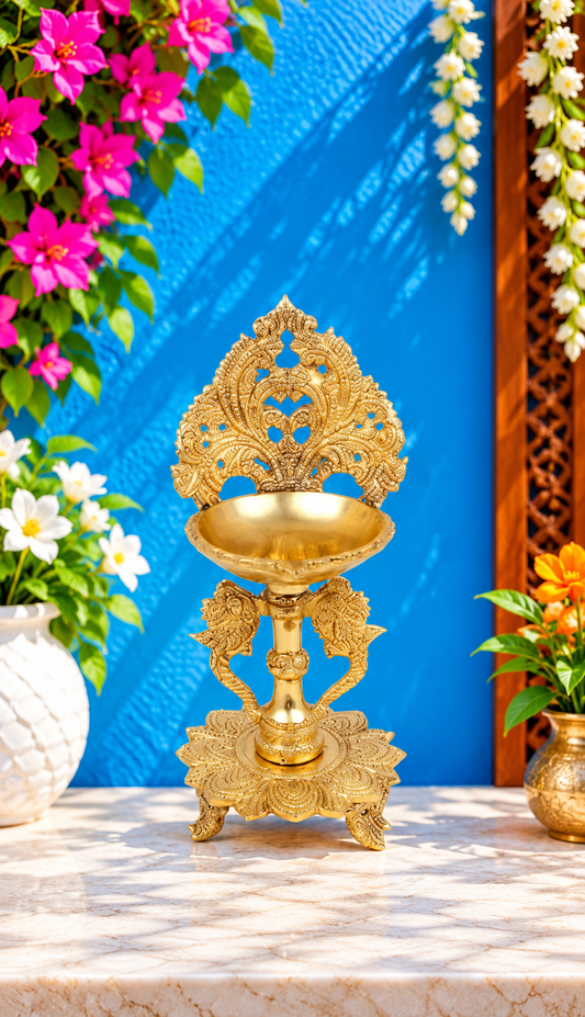 Brassaura® Brass Oil Lamp Diya Deepam | Pure Superfine Brass Handcrafted Murti | Brass Statue for Home Temple, Pooja Room | Height 9 Inches | Weight 1.28 Kgs
