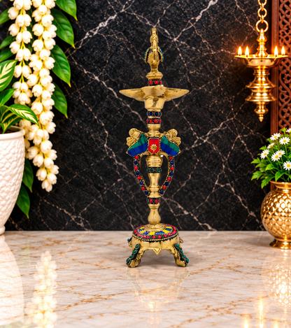 Brassaura® Brass Gemstone Work Diya Idol with Gemstone Inlay Finish | Pure Superfine Brass Handcrafted Murti | Brass Statue for Home Temple, Pooja Room | Height 11.8 Inches | Weight 1.2 Kgs