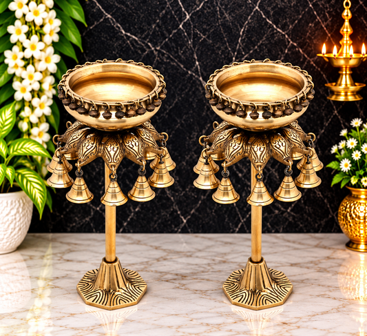 Brassaura® Brass Urli Bowl with Hanging Bells Stand (Set of 2) | Pure Brass | Height 16 Inches & Weight 8.06 kgs