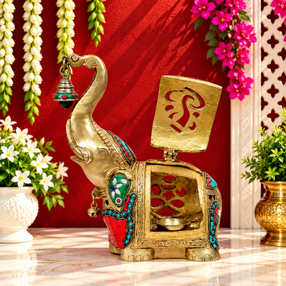 पीतल रत्न जड़ित काम हाथी दीपक धूप दान वज़न 4 किलोग्राम ऊंचाई 32 सेंटीमीटर