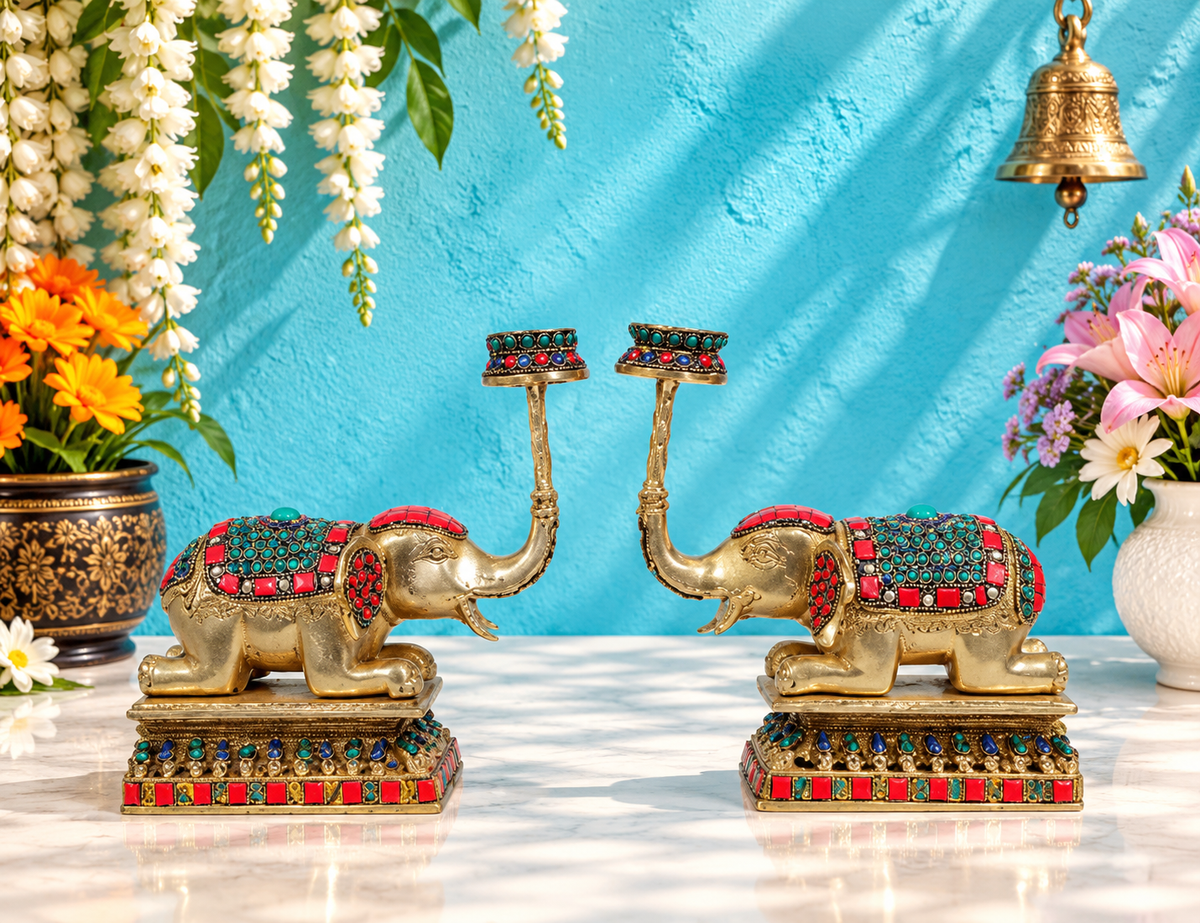 Brassaura® Brass Elephant Pair with Gem Stone Work | Handcrafted Decorative Showpiece | Height 10.2 Inches & Weight 5.25 Kgs