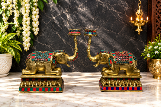 Brassaura® Brass Elephant Trunk Candle Holder Pair with Gem Stone Work | Handcrafted Decorative Set | Height 8 Inches & Weight 5 Kgs