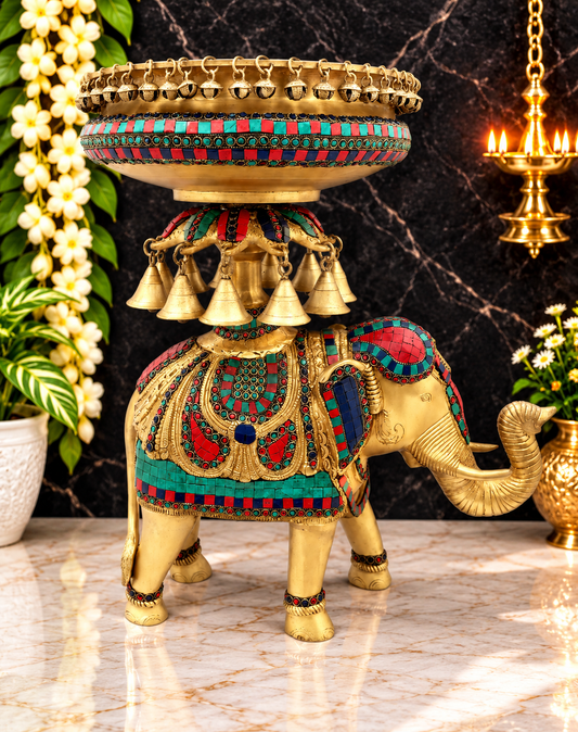 Brassaura® Royal Elephant Brass Urli with Multicolor Inlay Work & Hanging Bells | Pure Brass | Height 20 Inches & Weight 17 kgs