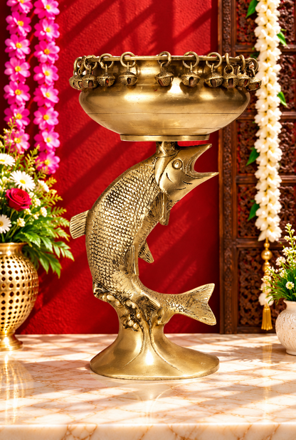 Brassaura® Brass Fish Urli | Pure Superfine Brass Handcrafted Murti | Brass Statue for Home Temple, Pooja Room | Height 11 Inches | Weight 2.45 Kgs