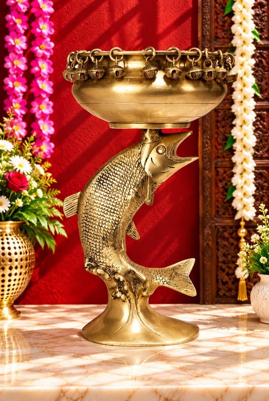 Brassaura® Brass Fish Urli | Pure Superfine Brass Handcrafted Murti | Brass Statue for Home Temple, Pooja Room | Height 11 Inches | Weight 2.45 Kgs