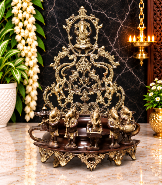Brassaura® Brass Lord Ganesha Musical Ensemble Urli | Pure Superfine Brass Handcrafted Murti | Brass Statue for Home Temple, Pooja Room | Height 30 Inches | Weight 31.98 Kgs