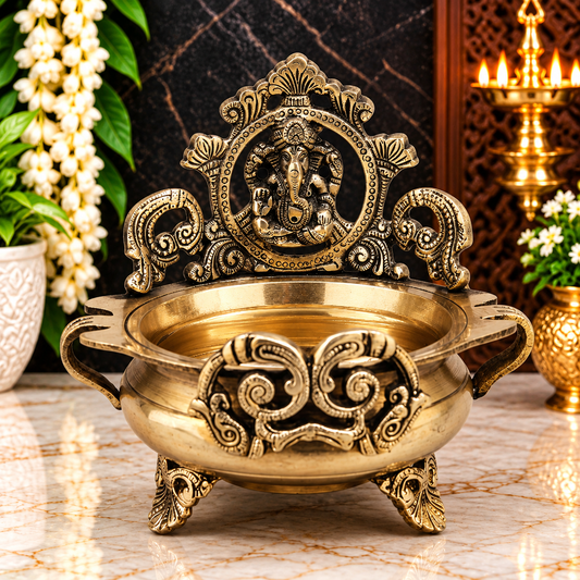Brassaura® Ganesh Brass Urli with Traditional Brass Finish | Pure Superfine Brass Handcrafted Murti | Brass Statue for Home Temple, Pooja Room | Height 8 Inches | Weight 1.5 Kgs