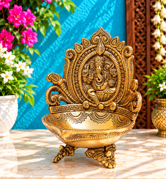 Brassaura® Brass Ganesh Diya | Pure Superfine Brass Handcrafted Murti | Brass Statue for Home Temple, Pooja Room | Height 7 Inches | Weight 1.3 Kgs