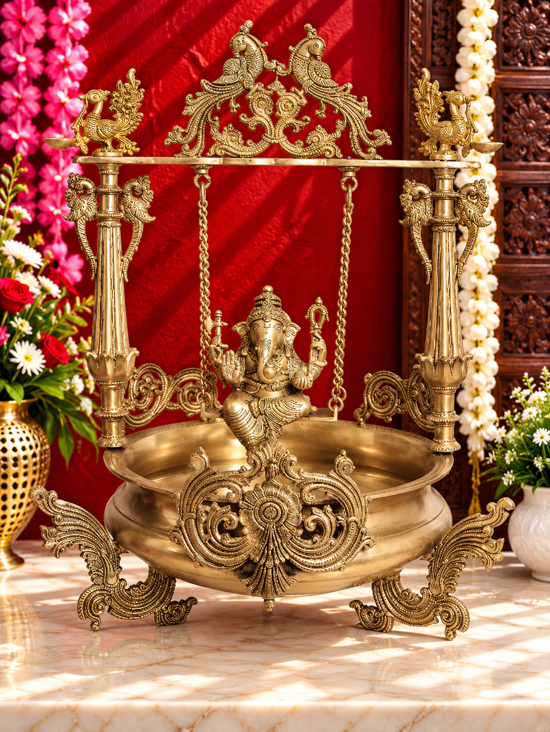 Brassaura® Royal Swing Ganesha Urli | Pure Superfine Brass Handcrafted Murti | Brass Statue for Home Temple, Pooja Room | Height 26.97 Inches | Weight 22.4 Kgs