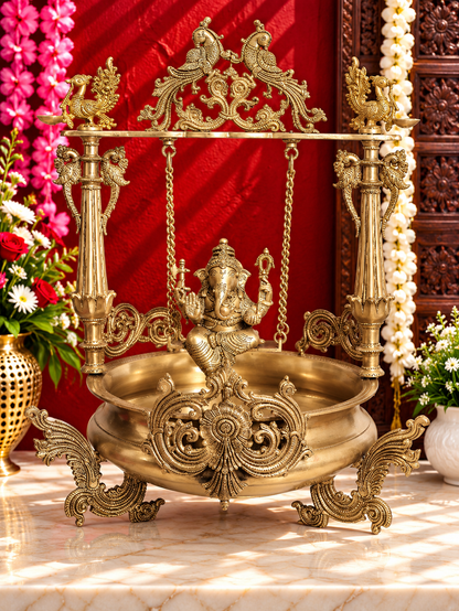 Brassaura® Royal Swing Ganesha Urli | Pure Superfine Brass Handcrafted Murti | Brass Statue for Home Temple, Pooja Room | Height 26.97 Inches | Weight 22.4 Kgs