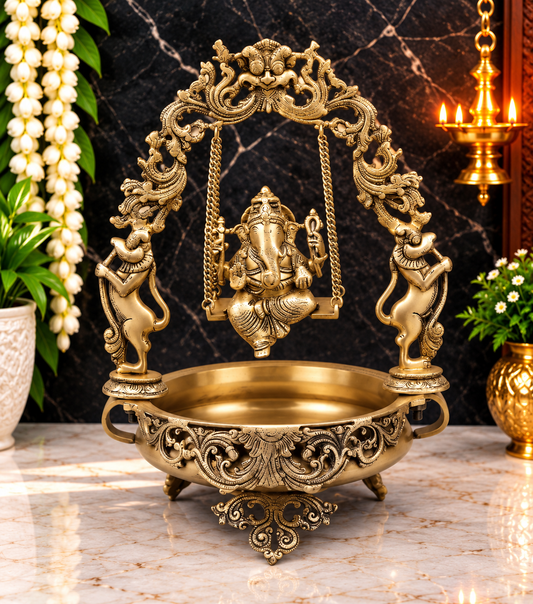Brassaura® Ganesha Jhula Brass Urli with Antique Brass Finish | Pure Superfine Brass Handcrafted Murti | Brass Statue for Home Temple, Pooja Room | Height 21 Inches | Weight 12.24 Kgs