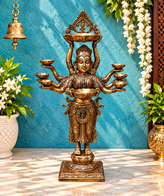 Brassaura™ ब्रास स्टैंडिंग डीप लक्ष्मी – ऊंचाई 16 इंच और वज़न 4 किलोग्राम | घर और पूजा की सजावट