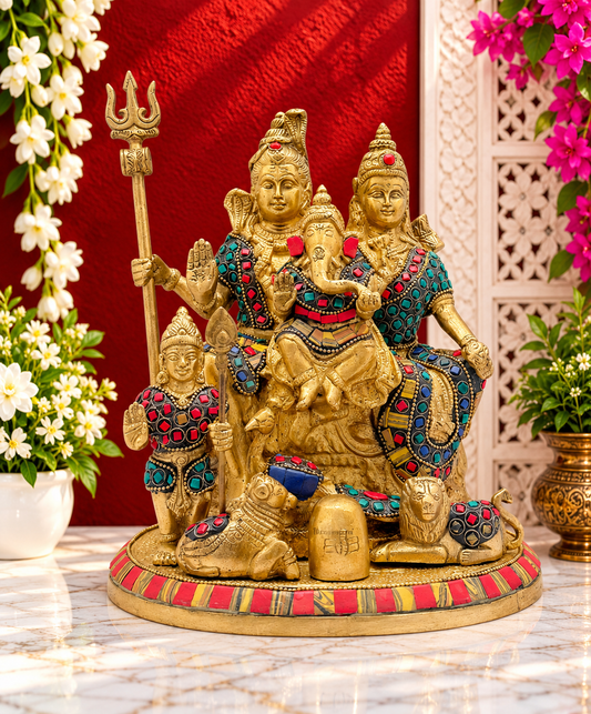 Brassaura® Brass Shiv Pariwaar Statue with Traditional Golden Brass Finish | Pure Superfine Brass Handcrafted Murti | Brass Statue for Home Temple, Pooja Room | Height 9.5 Inches | Weight 5 Kgs