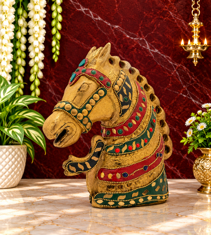 Brassaura® Brass Horse Head Idol with Gem Stone Work | Handcrafted Decorative Showpiece | Height 8.3 Inches & Weight 2.5 Kgs