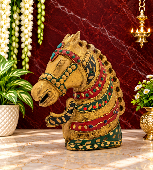 Brassaura® Brass Horse Head Idol with Gem Stone Work | Handcrafted Decorative Showpiece | Height 8.3 Inches & Weight 2.5 Kgs